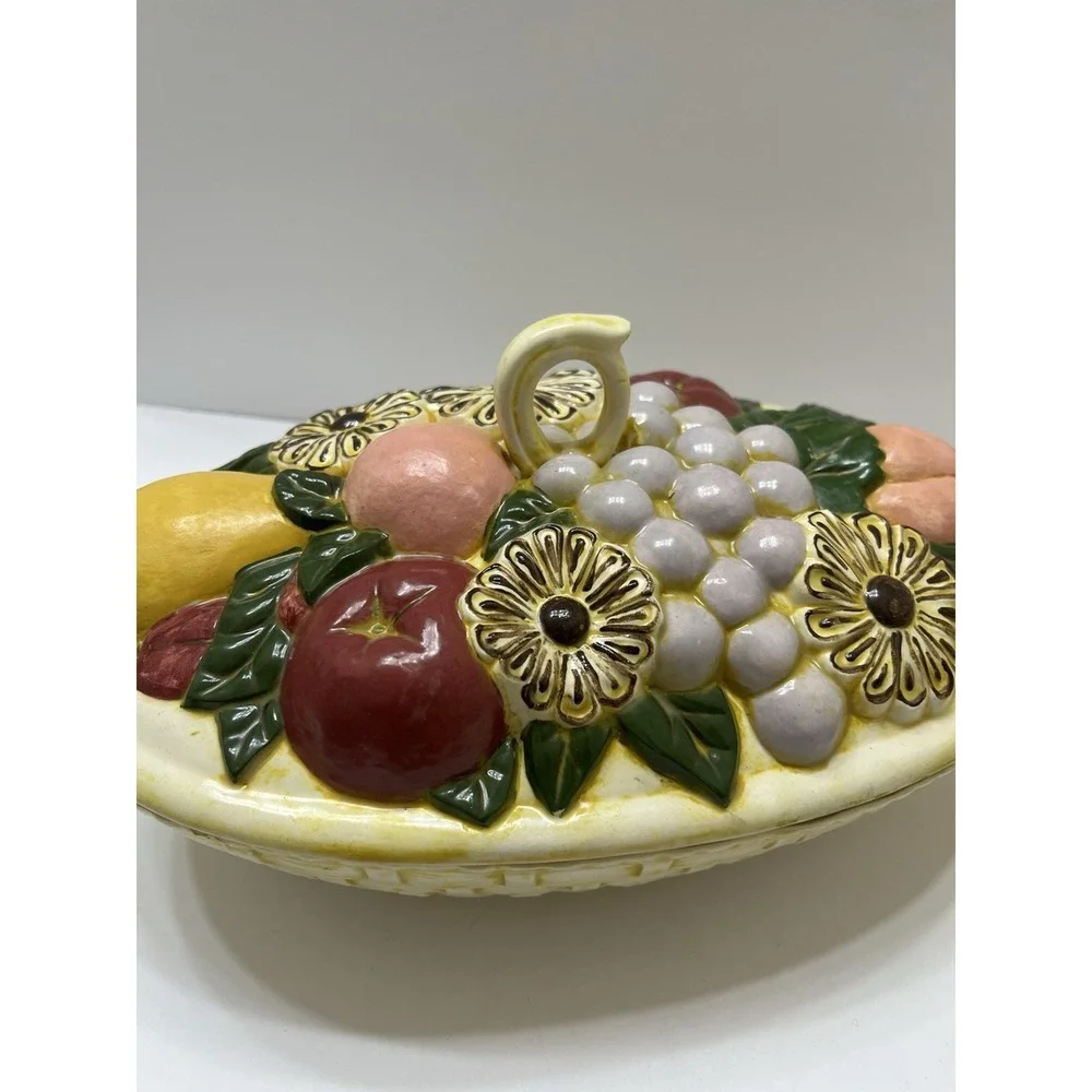 Vintage Ceramic Casserole Dish With Lid Basket Weave Fruit Yellow 10x3